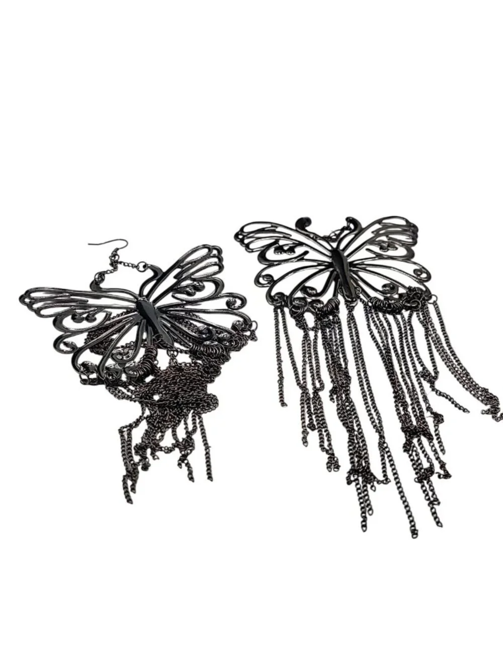 XXL Butterfly Runway Earrings Black Butterfly Tassel Statement Dangle Hooks 8"+ - Picture 8 of 10